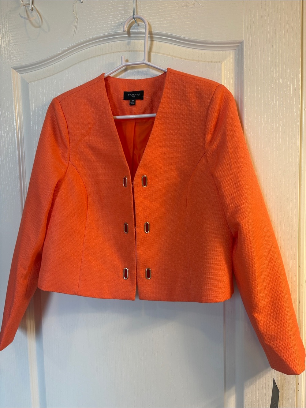 Tahari | Bright Guava Orange | Boucle Blazer Jacket with Gold Closure